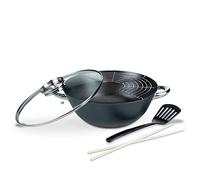 GSW 860956 - Set de Wok, con Tapa de Cristal, 5 Piezas, 6,2 L, 32 cm, Hierro Fundido, Color Negro