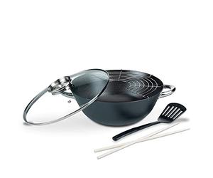 GSW 860956 - Set de Wok, con Tapa de Cristal, 5 Piezas, 6,2 L, 32 cm, Hierro Fundido, Color Negro