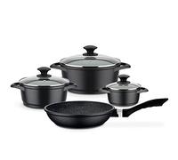 GSW Juego de cacerolas y sartenes de granito Gourmet - Juego de cacerolas y sartén de alta calidad con tapa, también para inducción y horno, aluminio fundido, 7 piezas, color negro