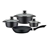 GSW Juego de cacerolas y sartenes de granito Gourmet - Juego de cacerolas y sartén de alta calidad con tapa, también para inducción y horno, aluminio fundido, 7 piezas, color negro