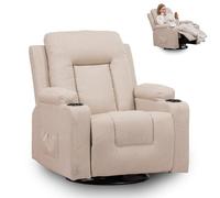 GTPLAYER Sillón de Relax con Respaldo Regulable y Reposapiés, Giratorio 360° en Tela, Portavasos y Bolsillos Laterales, Silla Inclinable para TV, Silla de Lectura para Dormitorio, Beige