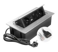 GTV - Enchufe empotrable MULTISOFT aluminio con 2 enchufes con tierra, USB C, RJ45, HDMI 2.0, retráctil con tapa, cable de 1,5 m, ideal para cocina, oficina o mesa de conferencias