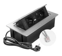 GTV - Enchufe empotrable MULTISOFT aluminio con 2 enchufes con tierra, USB C, RJ45, retráctil con tapa, cable de 1,5 m, para cocina, oficina, conferencias y mesa de trabajo