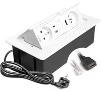 GTV - Enchufe empotrable MULTISOFT blanco con 2 enchufes con toma de tierra, USB C, RJ45, HDMI 2.0, retráctil con tapa, cable de 1,5 metros, ideal para cocina, oficina o mesa de conferencias
