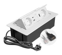 GTV - Enchufe empotrable MULTISOFT blanco con 2 x Schuko, USB C, RJ45, HDMI 2.0, cubierta, retráctil, cable de 1,5 m, para escritorio, mesa de conferencias, cocina u oficina en casa