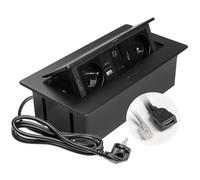 GTV - Enchufe empotrable MULTISOFT negro con 2 enchufes con tierra, USB C, RJ45, HDMI 2.0, retráctil con tapa, cable de 1,5 m, ideal para cocina, oficina o mesa de conferencias