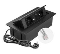 GTV - Enchufe empotrable MULTISOFT negro con 2 enchufes con tierra, USB C, RJ45, retráctil con tapa, cable de 1,5 m, para cocina, oficina, conferencias y mesa de trabajo