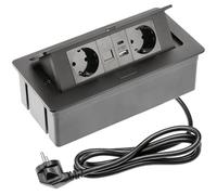 GTV - Enchufe empotrable MULTISOFT Negro con 2 x Schuko, USB C, RJ45, retráctil con Tapa, Cable de 1,5 m, Ideal para Escritorio, Mesa de conferencias o encimera de Cocina
