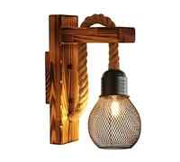 GUANSHAN Lámpara de pared vintage Cuerda de cáñamo Luz de pared Base de madera Pantalla Accesorio retro Iluminación de pared decorativa para Loft Restaurante Corredor Sala de estar Corredor