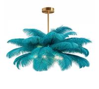 GUANSHAN Lámpara de techo creativa de plumas de avestruz azul pavo real; lámpara colgante tipo araña, romántica y estética, con base dorada para dormitorio, sala de estar o pasillo