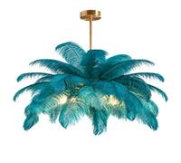 GUANSHAN Lámpara de techo creativa de plumas de avestruz azul pavo real; lámpara colgante tipo araña, romántica y estética, con base dorada para dormitorio, sala de estar o pasillo