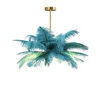 GUANSHAN Lámpara de techo creativa de plumas de avestruz azul pavo real; lámpara colgante tipo araña, romántica y estética, con base dorada para dormitorio, sala de estar o pasillo