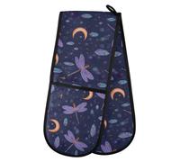 Guantes de horno dobles con motivos de libélula y luna, resistentes al calor y con forro