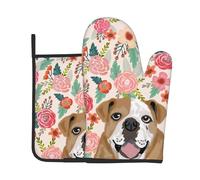 Guantes para El Horno Flores Y Bulldog Inglés 2Pcs Manoplas Horno | Antideslizante Guante De Cocina extra gruesos Oven Gloves Para Microondas Barbacoa Parrilla