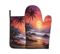 Guantes para El Horno Playa Tropical Al Atardecer con Palmeras 2Pcs | Resistente Calor Manoplas Horno Grueso Seguro Oven Gloves Para Barbacoa Parrilla La Chimenea Regalo
