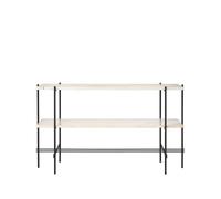 GUBI Mesa consola TS 120x30x72 cm Natural white travertine. base negra. 2 estantes de mármol