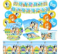 GUBOOM Bluey Decoración Cumpleaños, 60 Piezas Vajilla Cumpleaños, Juego de Vajilla para Decoración de Fiesta de Cumpleaños Bluey Incluir Banner, Globos, Vasos, Servilletas, Manteles, Platos de Papel