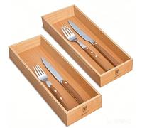 guiogc Organizador de cajones de bambú, organizador de utensilios para cocina, caja de almacenamiento de bambú, bandeja de cubiertos de madera para cajón, juego de 2