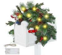 Guirnalda de buzón de cono de pino iluminado, guirnalda de buzón de Navidad de 35 pulgadas con 20 LED, cadena de luz de 2 m, guirnalda de cono de pino brillante, buzón de bayas rojas, decoración de
