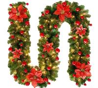 Guirnalda de Navidad de 2,7 m, decoración de vid de bayas rojas, vegetación artificial de 9 pies para barandilla de chimenea, corona de Navidad al aire libre alternativa con (rojo)