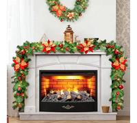 Guirnalda Navidad 2,7m con Luces LED, Decora tu Escalera, Chimenea y Puerta de Entrada Esta Navidad! Adornos Navideños para Exterior e Interior, Verde con Flores Rojas y Bolas