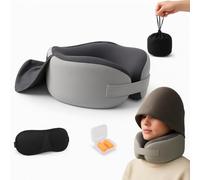 GUOMIS Almohada Viaje,Almohada Cervical Viaje,Cojin Cervical Viaje de Espuma Memoria,con Capucha, Incluye Antifaz 3D y Tapones para los oídos. Ideal para Viajar. (Gris)