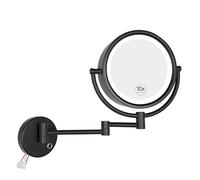 GURUN Espejo de maquillaje cableado montado en la pared con luces LED de 3 tonos, espejo de aumento de 10 aumentos para baño, dormitorio, brazo extensible de 13 pulgadas, cable directo, acabado negro