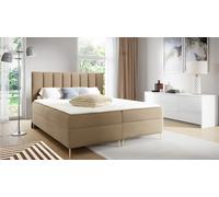 GUTTO Bett -- NINE -- Base de cama con somier, color caramelo, 140x200 cm. Incluye cajón para ropa de cama y colchón integrado + topper. Tapizado en terciopelo beige, con patas doradas