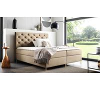 GUTTO Bett -- SARAH -- Base de cama con somier KARAMELL 180x200. Cama con cajón y colchón y topper integrados. Tapizado en terciopelo beige. Detalles dorados