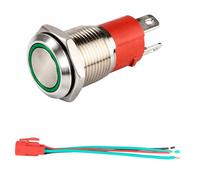 GUUZI 12V-24V/15A Pulsador Momentáneo NO Luz LED Verde Impermeable Pulsador de Arranque de Metal Iluminado de 16mm con Cable de Enchufe