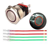 Guuzi Pulsador Momentáneo de 22mm, Pulsador LED rojo de 12V-24 V 15A, Panel de Botones Impermeable de Metal con Cable para Automóviles, Yates, Electrodomésticos