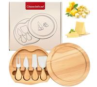 Gykutix Tabla de Quesos de Madera y 4 Piezas Cuchillos para Queso Set, Tabla Quesos Redonda con Cuchillo Queso para Servir Embutidos, Picnics, Fiestas, Frutas, Verduras, Carne