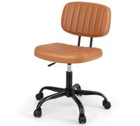 GYMAX Silla de Oficina con Ruedas, Silla Ergonómica de Cuero Sintético, Silla de Escritorio sin Brazos, Cojín Grueso Acolchado, Altura Ajustable, Base Metálica, para Sala de Estar, Dormitorio