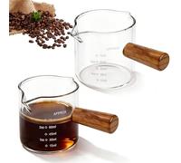 GZYYANG 2 vasos medidores de café expreso de cristal con mango de madera, 75 ml, doble vertido en forma de V, jarra de espuma de leche de cristal transparente, pequeña taza de medición de café con