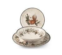 H&H Juego de Mesa Navidad 18 Piezas Garland en Gres - Platos Planos, Sopas y Postres - Decoraciones Elegantes con Animales y Guirnalda Invernales