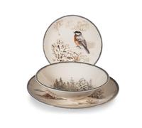 H&H Juego de Mesa Navidad 18 Piezas Symphony en Gres - Platos Planos, Sopas y Postres con Decoraciones Invernales, Ideal para Crear una Mesa Elegante y Cálida en Navidad