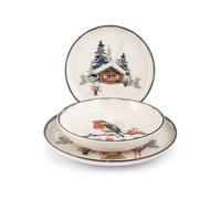 H&H Juego de vajilla de 18 piezas Frosty de gres decorado, juego de platos navideños para 6 personas, platos llanos de 26 cm, hondos 20,5 cm, postre 20 cm, lavavajillas y microondas
