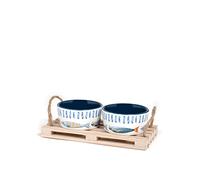 H&H Seaside - Juego de 2 Tazas de Stoneware Decoradas, 8,5 cm, sobre Bandeja de Madera con Asas de Cuerda, Multicolor