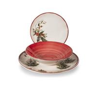 H&H Servizio Tavola Red Berries 18 Piezas - Vajilla de Stoneware Decorada con Ramitos de Pino, Piñas y Bayas Rojas - Apta para Lavavajillas y Microondas