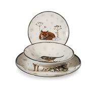 H&H Wild Spirits - Juego de platos navideños de 18 piezas en gres decorado, con ilustraciones de animales en la nieve, 6 pisos, 6 fondos, 6 frutas, apto para lavavajillas y microondas