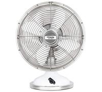 H.Koenig JOE50 Ventilador de mesa silencioso de diseño retro vintage en metal blanco, 25 cm, 3 velocidades, Oscilación fija o de 90°, Ajuste vertical, Base antideslizante