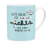 H:) PPY life 46253 - Taza XL (porcelana, 60 cl), diseño marítimo con barco y texto "Heute mache ich erstmal nichts", color azul