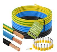 H07V-K - Juego de cables de cableado (6 mm², 1 m, 1 m, color azul y verde y amarillo + 3 m de color negro con 60 casquillos, incluye comprobador de fases (1-1-3 m)