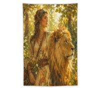 H3B8U2Y5 Mujer León Prado Tapiz de Pared, Armonía Animal humana Arte Gótico