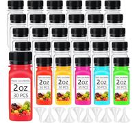 Haawooky 30 botellas de chupito pequeñas de plástico de 2 onzas con tapas, recipientes de jugo transparentes reutilizables, recipientes de plástico vacíos con 10 embudos para chupitos de jengibre,