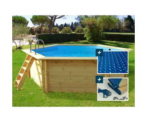 Habitat y Jardin - Piscina de madera "Hawai" - 4,10 x 1,20 m + cubierta con burbujas 180 + cubierta de invierno 280 gr/m²