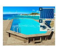 Habitat y Jardin - Piscina de madera " Palma " - 7,57 x 4,07 x 1,31 m + cubierta de burbujas de 180 µ + cubierta de invierno de 280 gr/m²