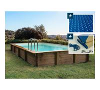 Habitat y Jardin - Piscina rectangular de madera "Murano" - 12.20 x 6.20 x 1.44 m - Cubierta de burbujas 400 µ - Cubierta de invierno 280 g/m²