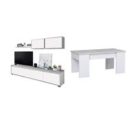Habitdesign 016663L Mueble de salón Moderno, modulos Comedor Alida, Medidas: 43 cm de Altura x 200 cm de Ancho x 41 cm de Fondo (Blanco Artik y Gris Cemento) + Mesa de Centro Elevable