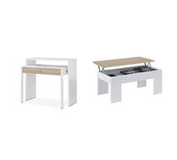 Habitdesign 0F4582A Mesa Escritorio Extensible, Mesa Estudio Consola, Color Blanco Artik y Roble Canadian, Medidas: 98,5x87,5x36-70 cm de Fondo + Mesa de Centro Elevable